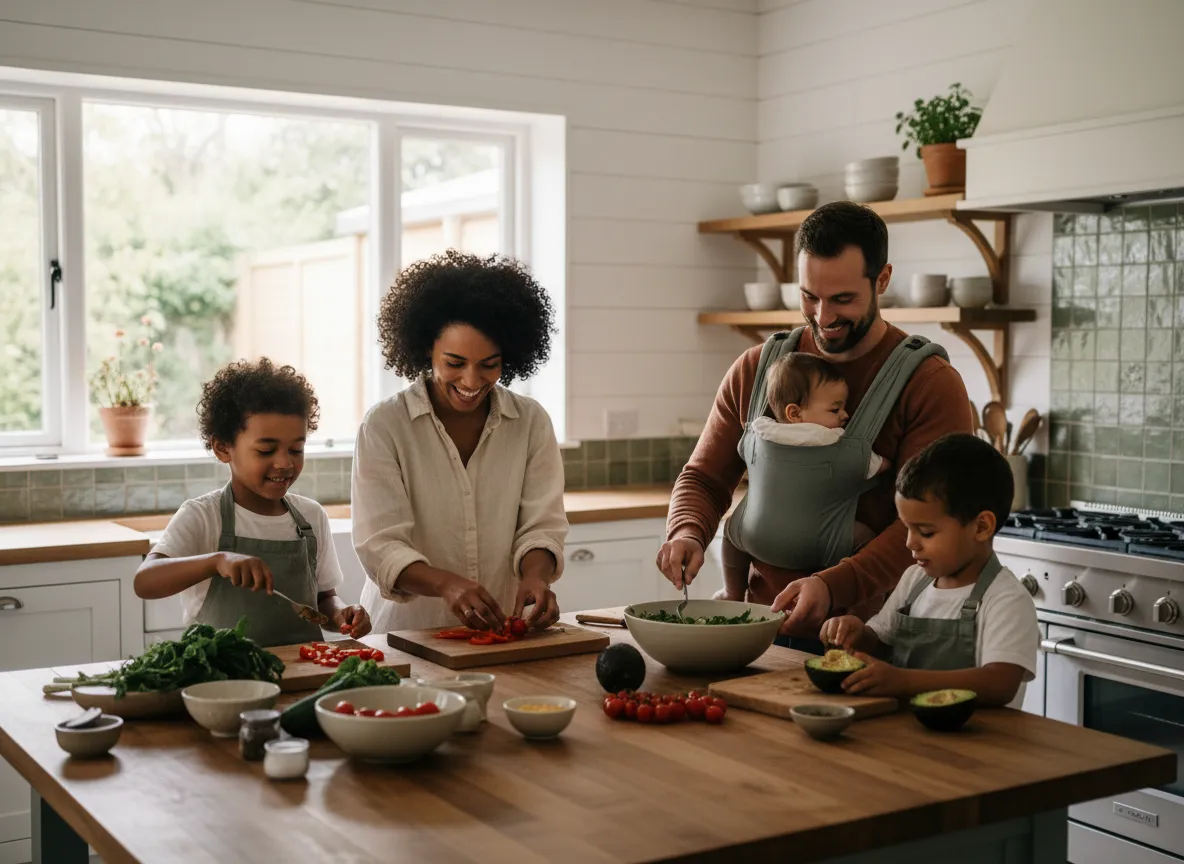 Family cooking together in a bright kitchen