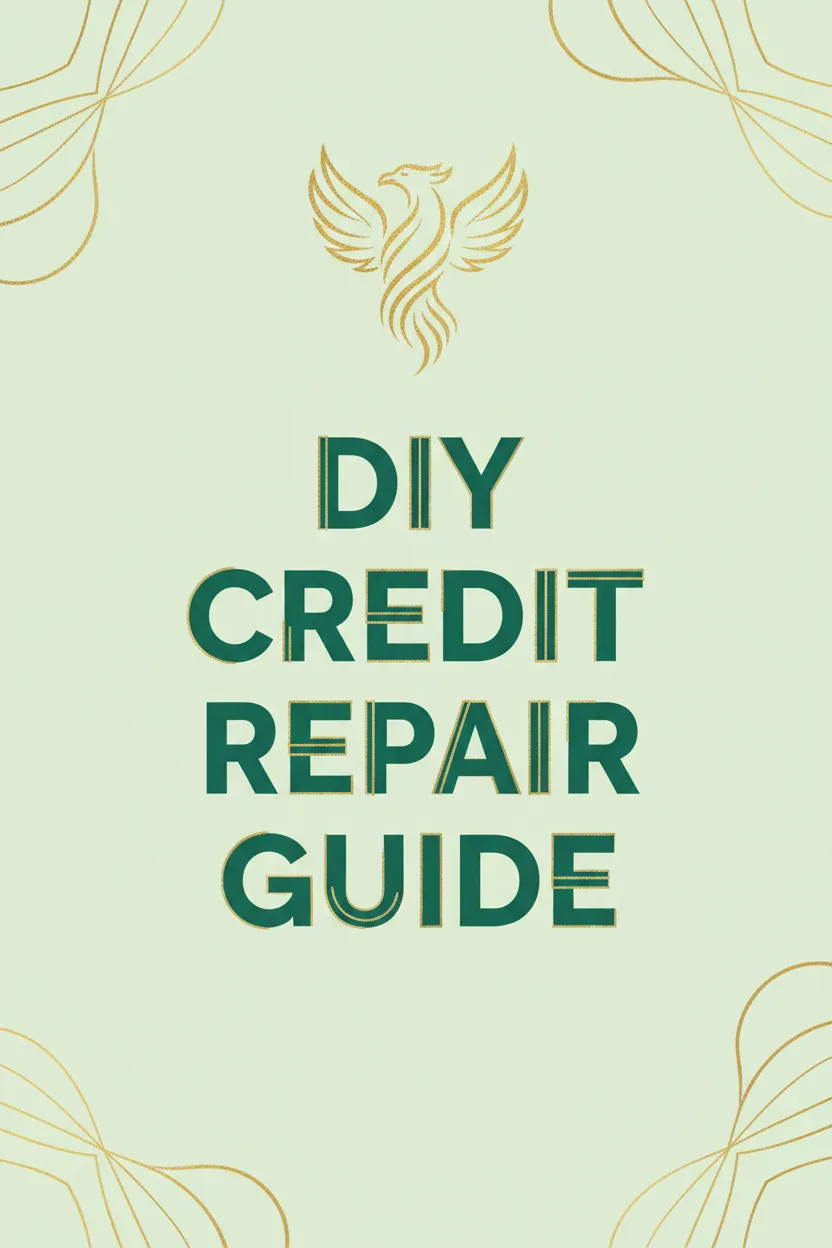 DIY CREDIT REPAIR GUIDE book cover featuring the user’s phoenix logo prominently, title text 'DIY CREDIT REPAIR GUIDE' in emerald green (#059669) with gold (#D4AF37) accents, integrated design, portrait 2:3