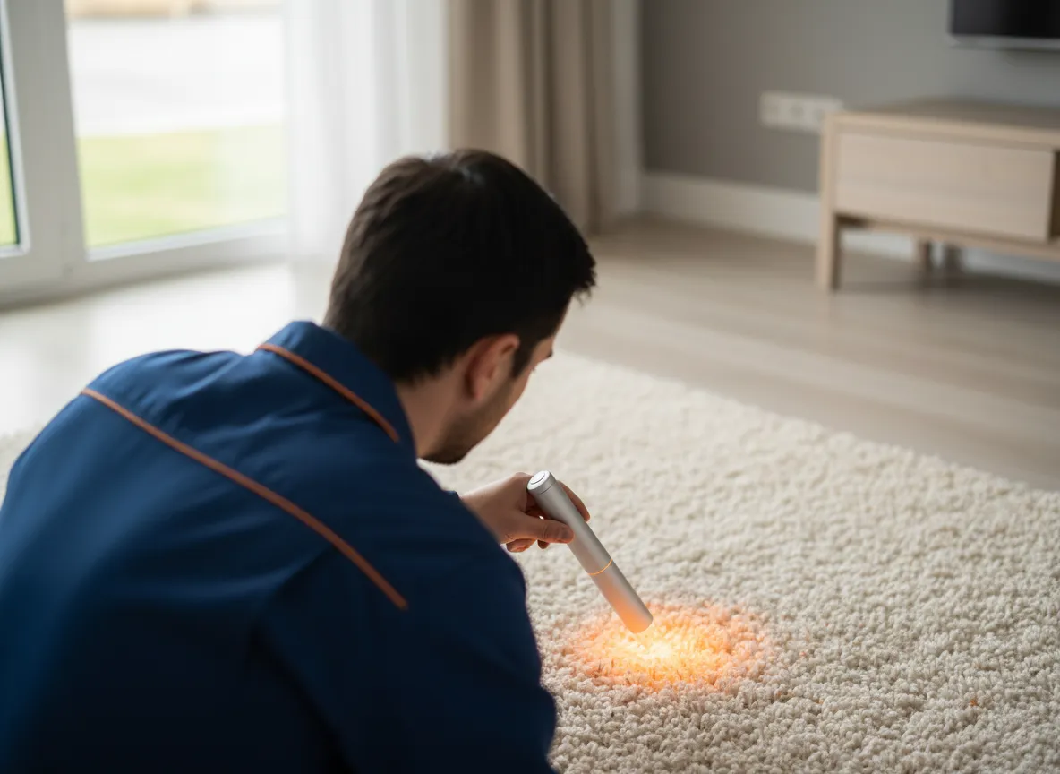 Technician inspecting carpet fibres