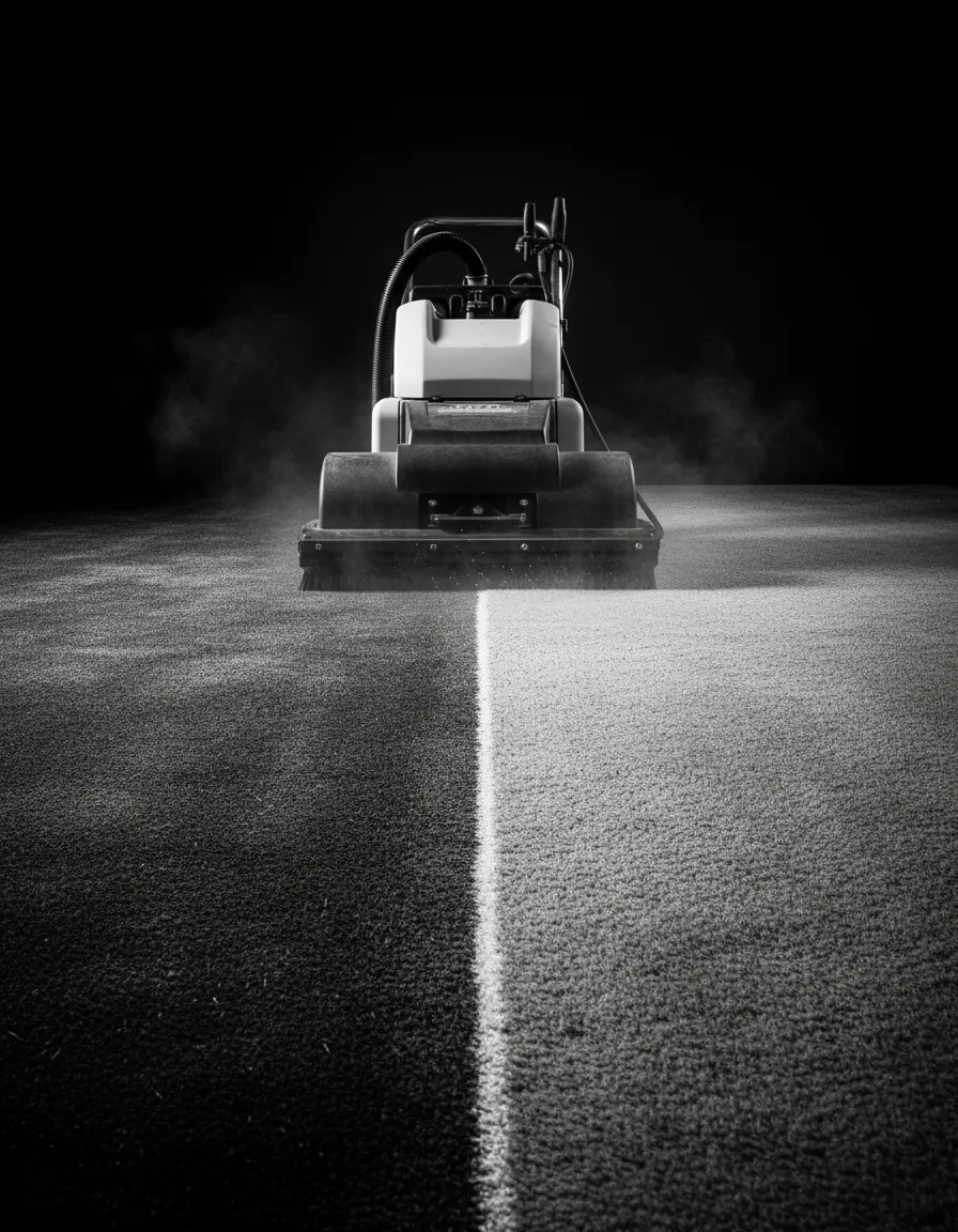 Professional black and white photography of deep carpet cleaning in a residential setting