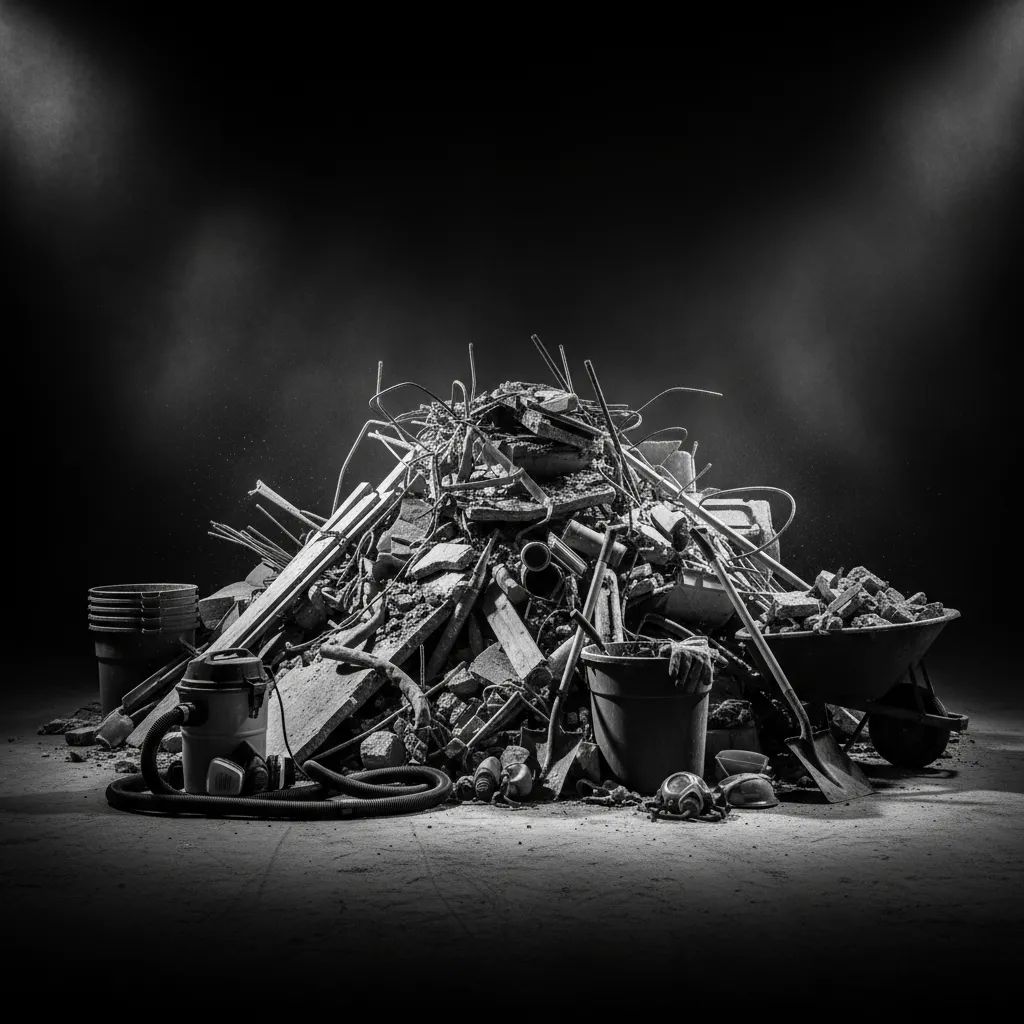High-contrast black and white photo of a demolition and junk removal cleanout in progress
