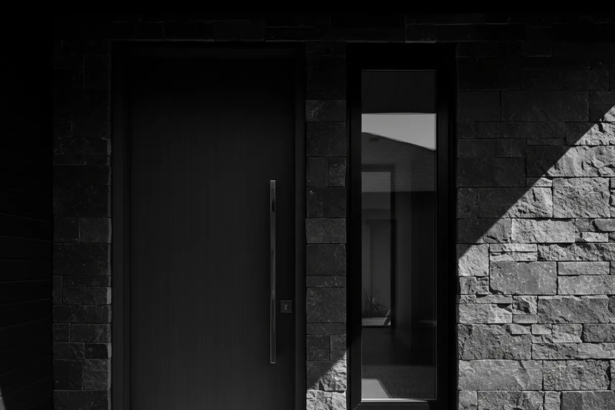 Black and white architectural close-up of a modern home exterior in the GTA