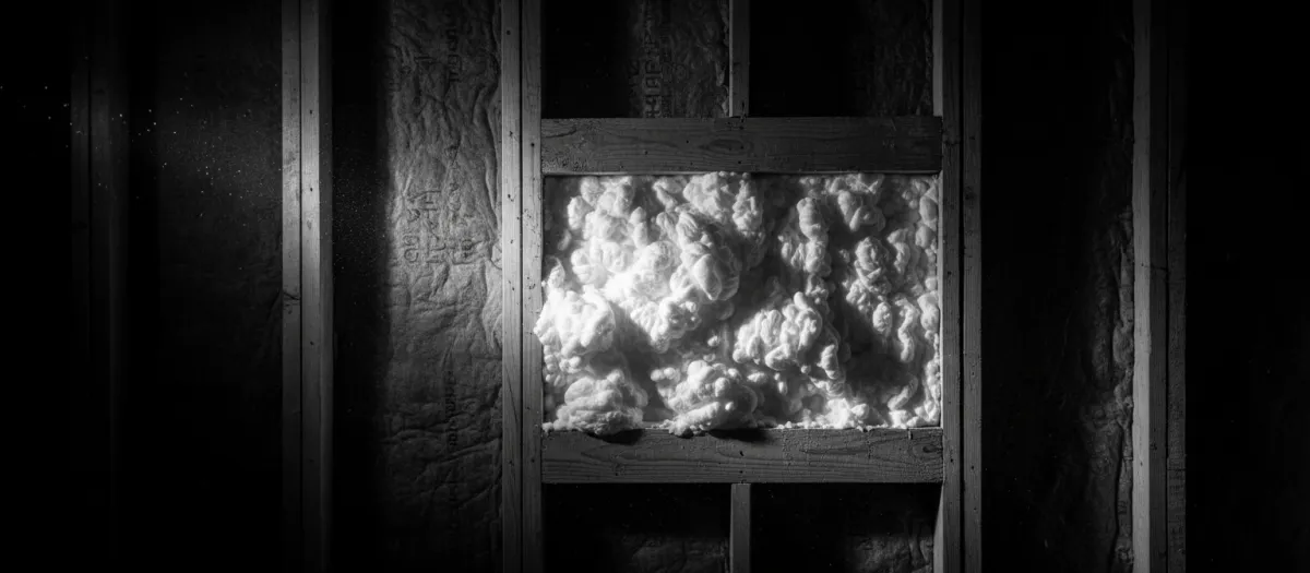 Wide cinematic black and white view of insulation spray foam application on a construction site