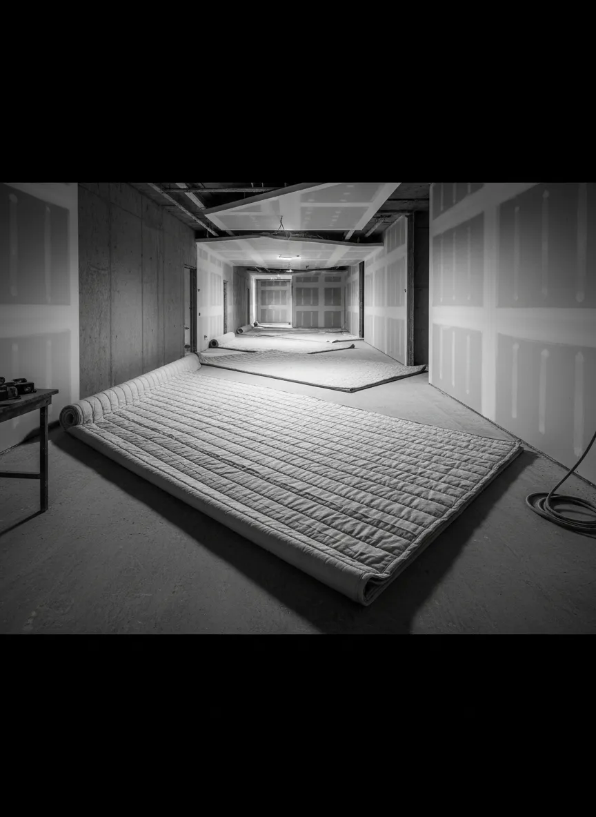 Stark high-contrast image of protective floor coverings laid out on a jobsite