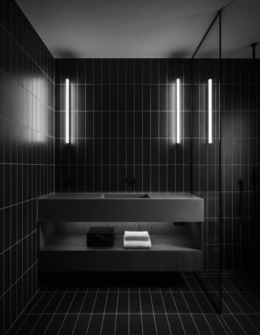 High-contrast B&W photo of a minimalist, newly renovated bathroom