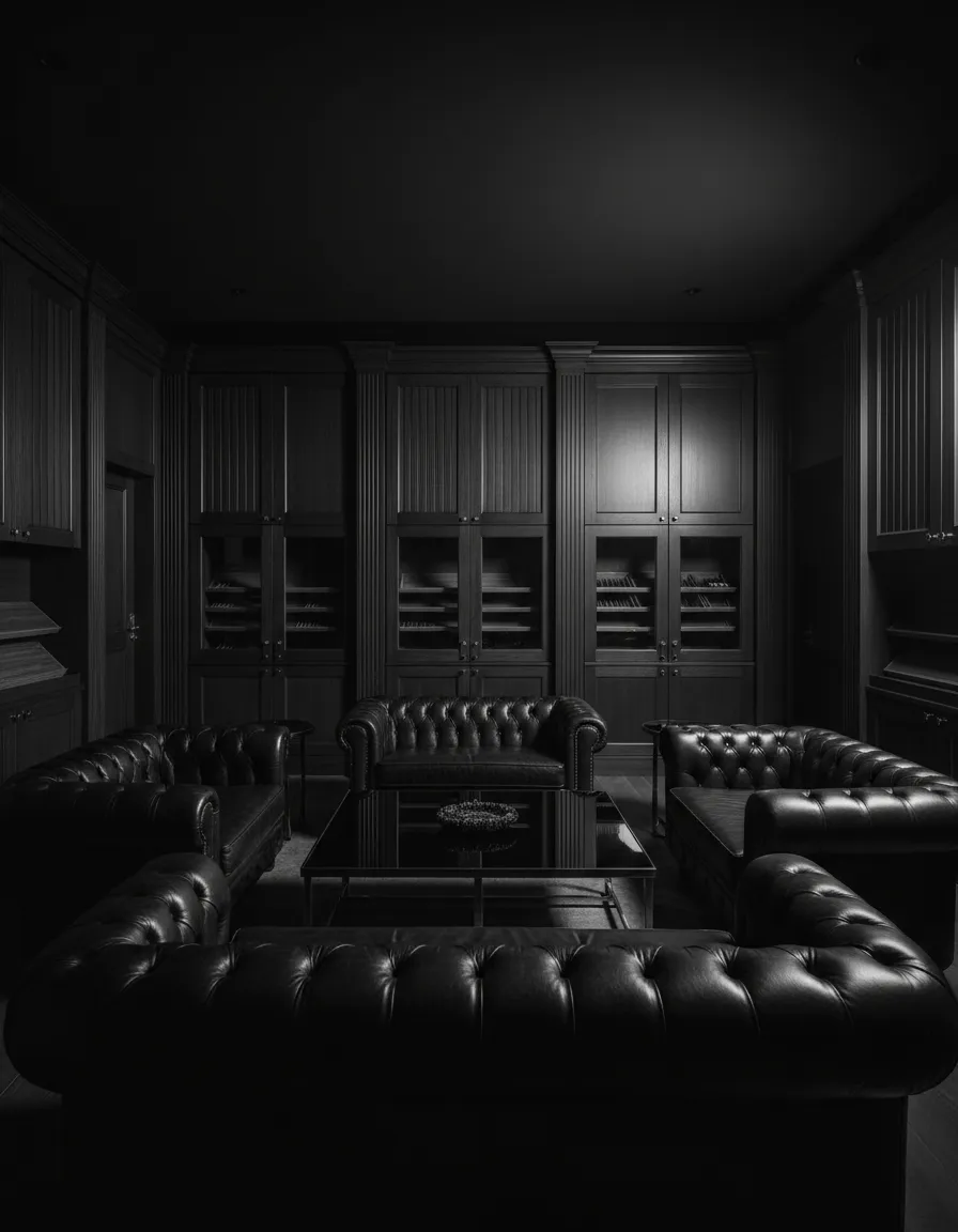 Rich, moody black and white photo of a luxury custom cigar smoking room with premium finishes