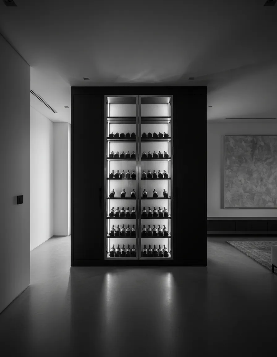 Sharp black and white architectural photograph of custom wine millwork