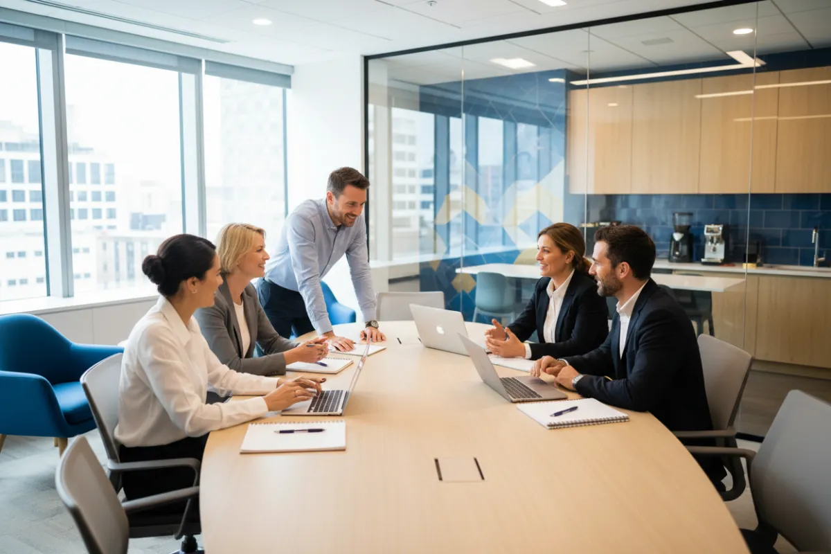 Vault Lenders team collaborating in a bright, modern workspace with blue and gold accents, showing teamwork and professionalism.