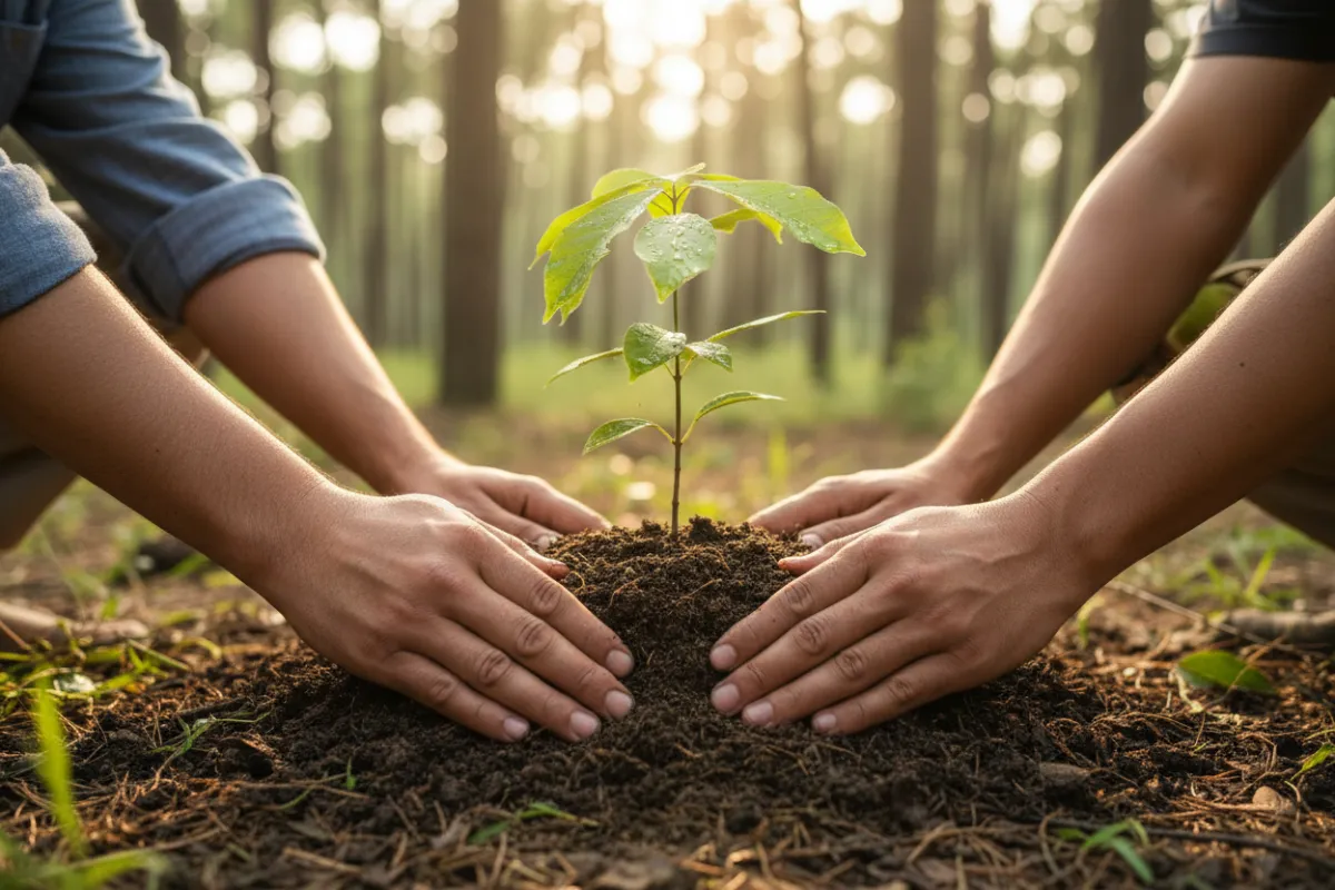 A sapling being planted by diverse hands in rich soil, with a blurred forest background, symbolizing Vault Lenders' commitment to reforestation and sustainability.