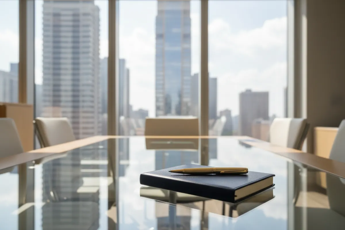 A modern, sunlit office with a glass table, gold-accented pen, and a navy blue leather-bound notebook, evoking a sense of luxury and professionalism. The background features soft focus cityscape through large windows, with a clean, minimal aesthetic.