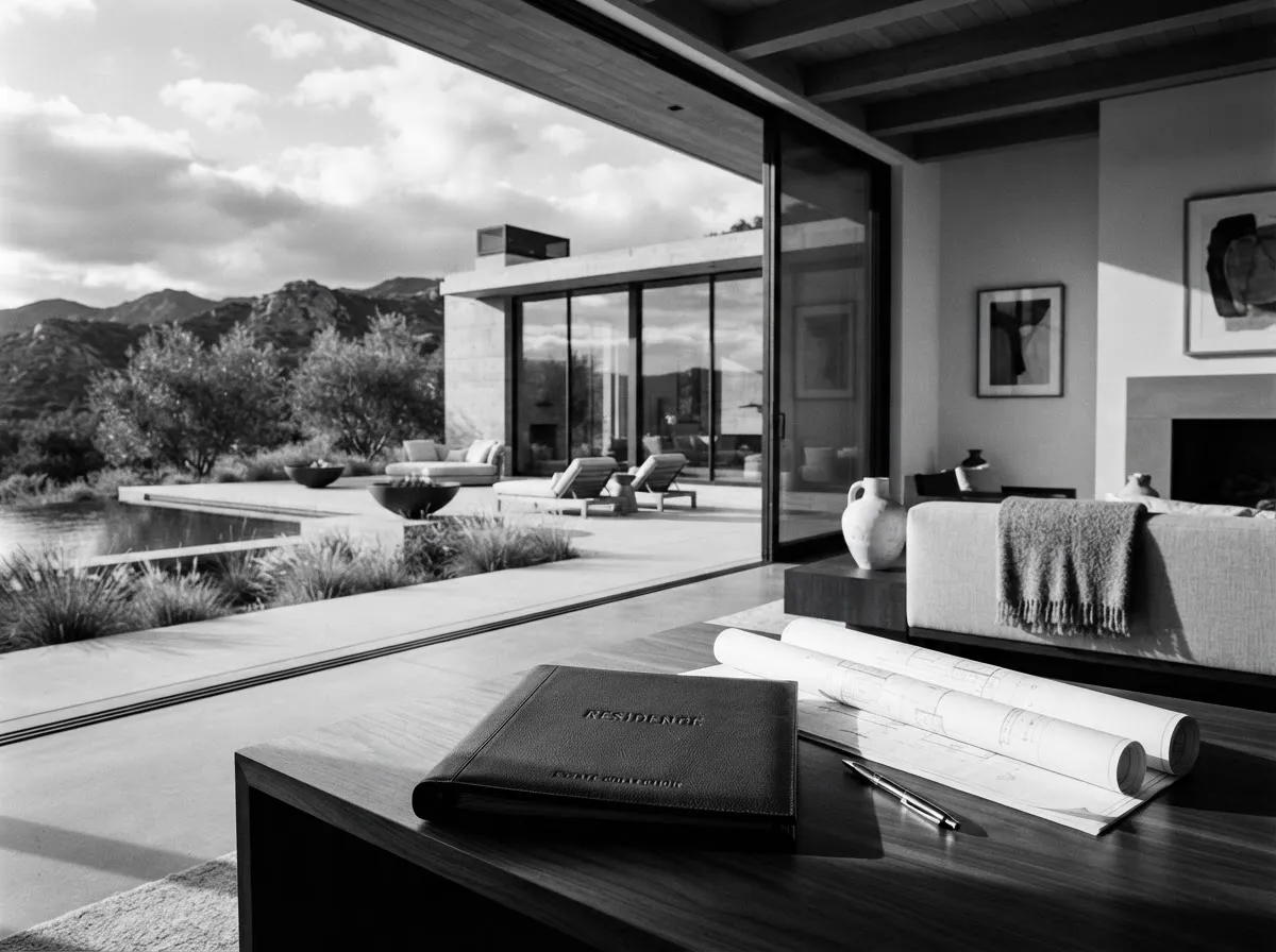 Black-and-white editorial photo of a modern architectural home with subtle property/ownership details