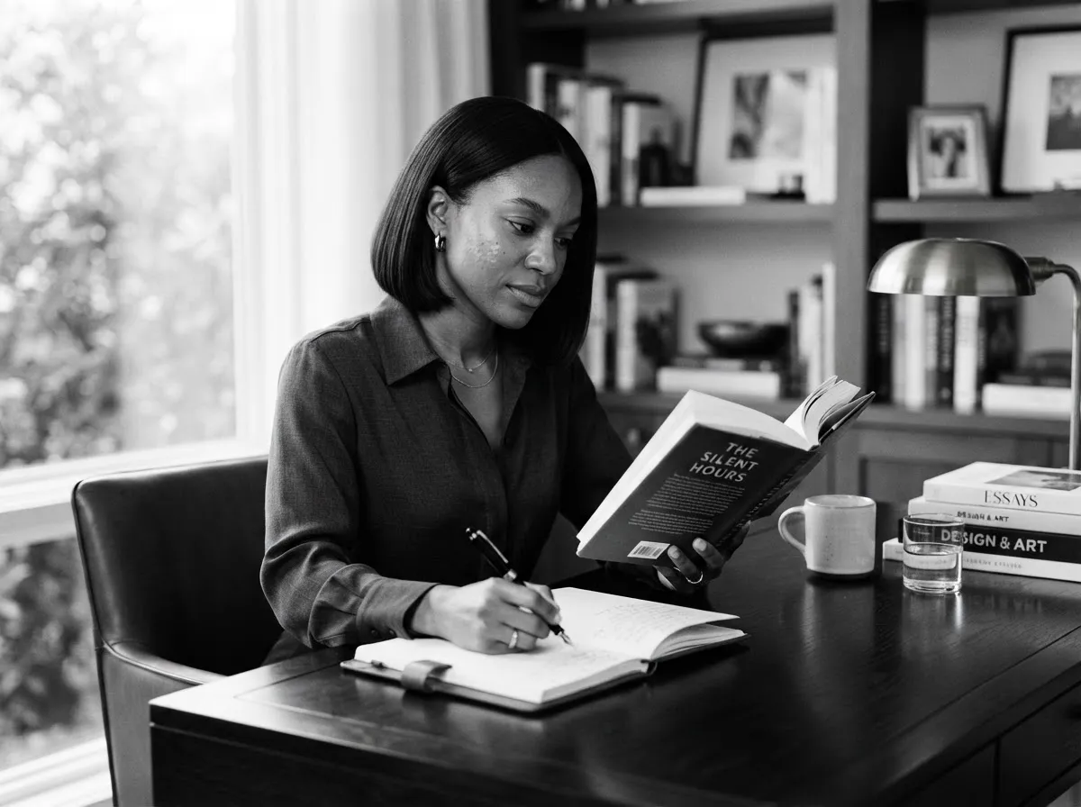 Black-and-white editorial photo of a Black woman with a sleek bob haircut reading and journaling at a sophisticated desk, softly lit.