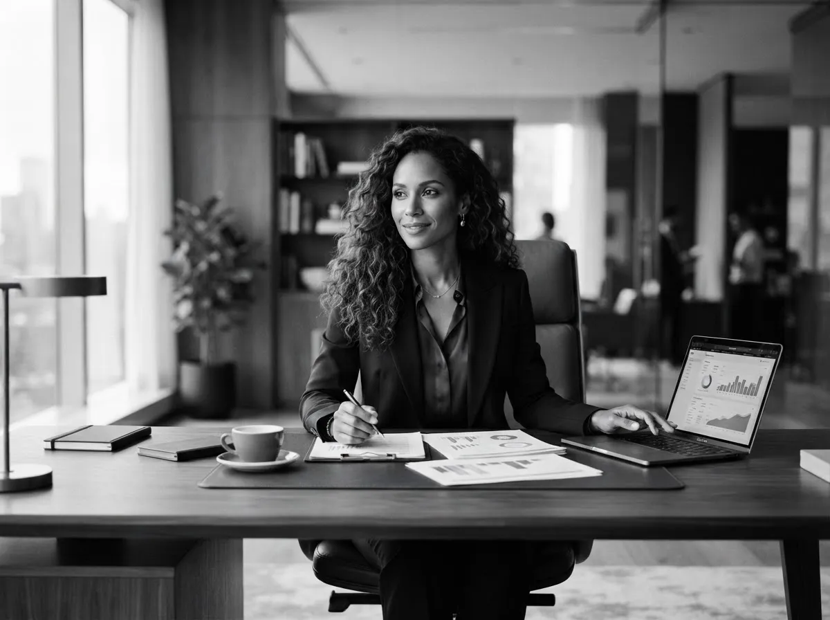 Black-and-white editorial photo of a Black woman with long curly hair in a boss outfit at an elegant desk with laptop, financial documents, and coffee.