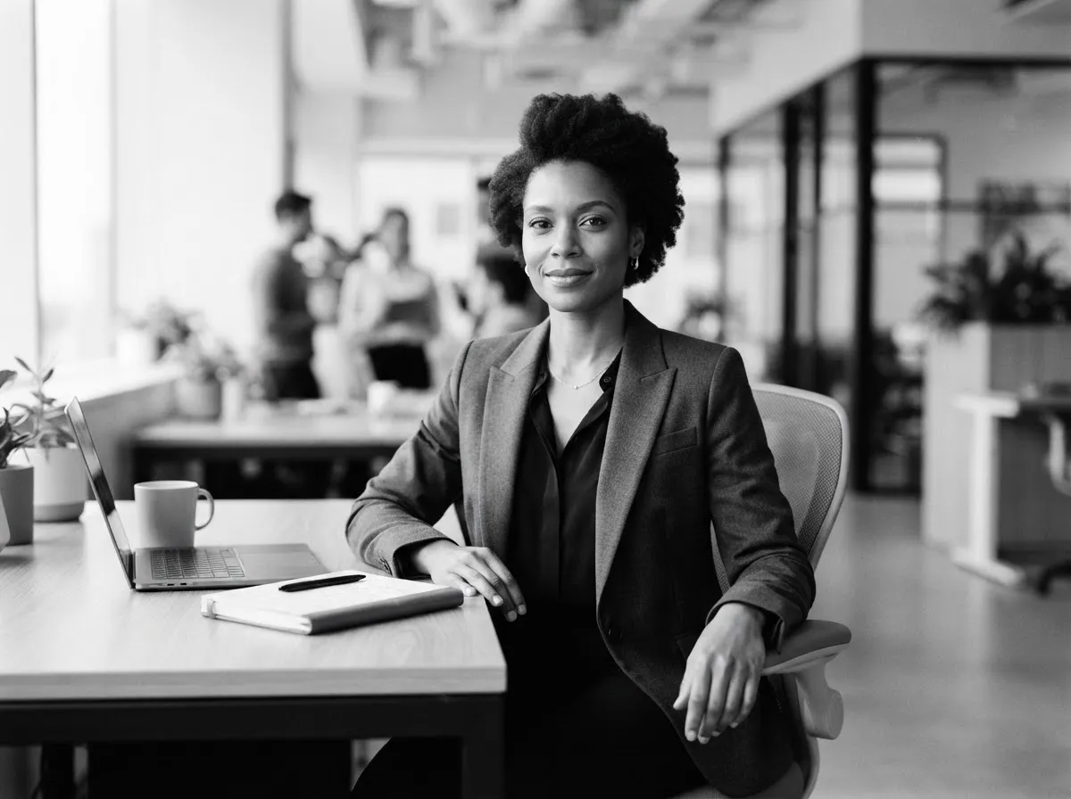 Black-and-white editorial photo of a Black professional woman in a tailored suit seated at a desk in a modern office.