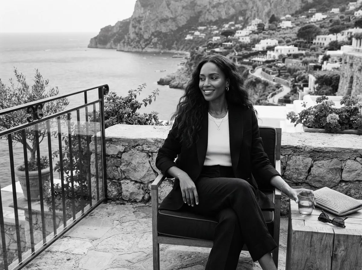 Black-and-white 4:3 lifestyle photo of a Black woman with long wavy hair in an elevated casual outfit on a luxury terrace overlooking a coastal destination (cover story).