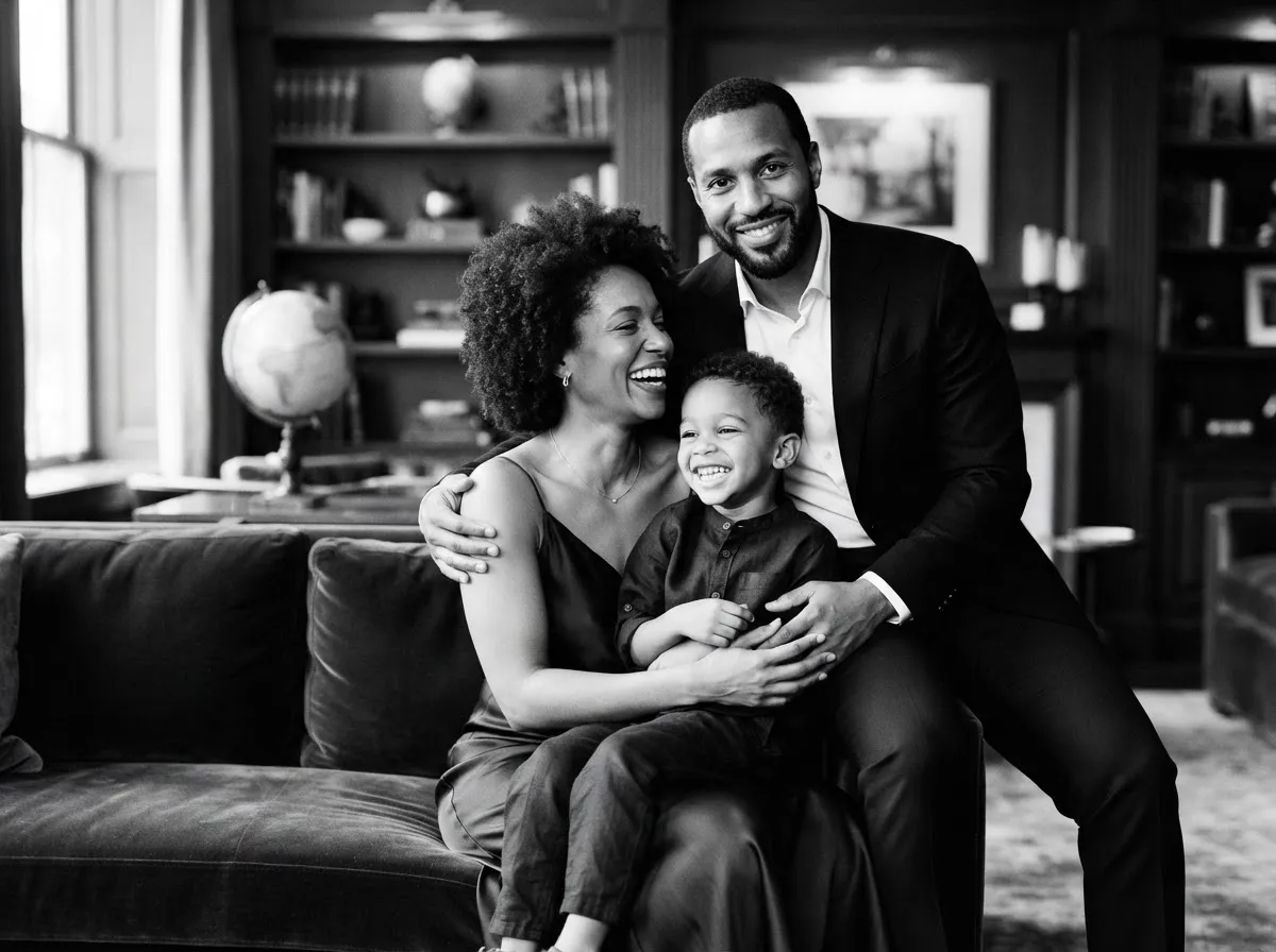 Black-and-white editorial family portrait of a Black mother, father, and child (Leave More™ pillar)