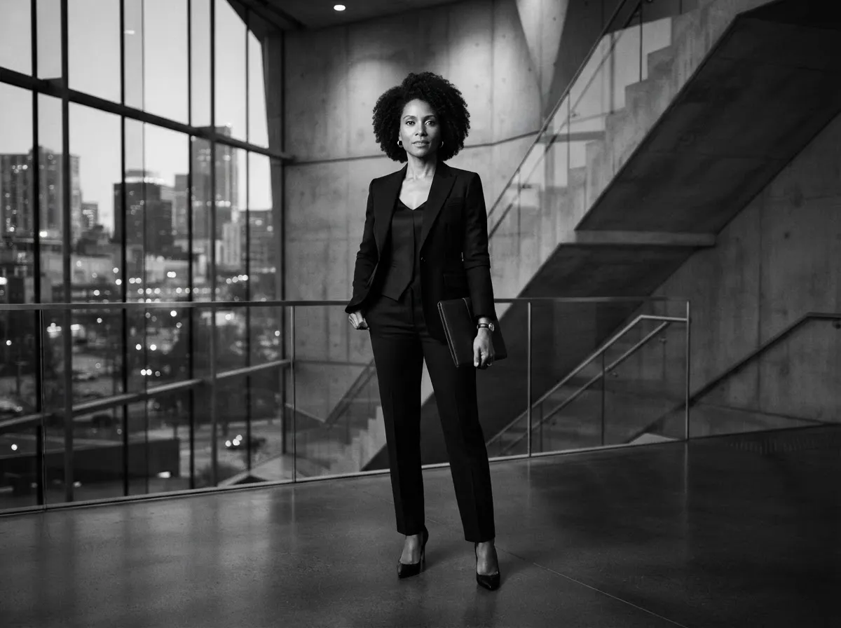 Dramatic black-and-white editorial photo of a confident businesswoman in a tailored suit in a modern architectural setting, representing financial confidence, ambition, and ownership.