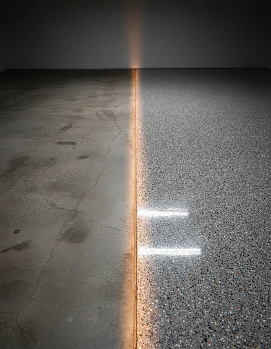 Before and after split view of an old concrete floor transformed into a glossy new chip epoxy garage floor.