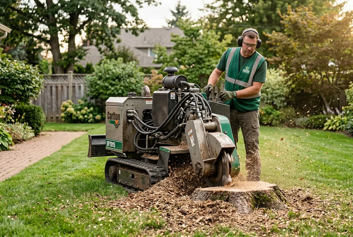 Commercial stump grinding machinery eliminating deep tree roots flush with turf