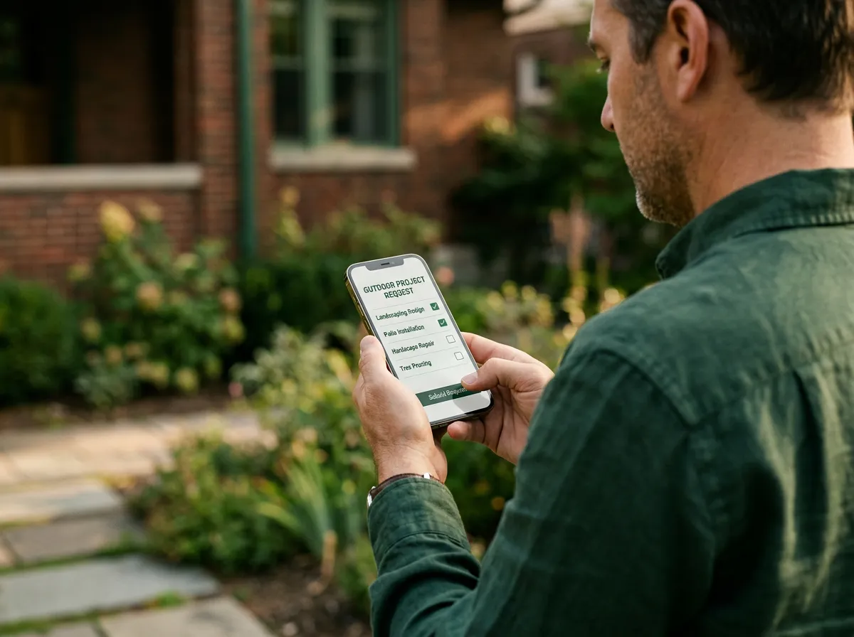 Property owner reviewing an organized outdoor project request form and property notes
