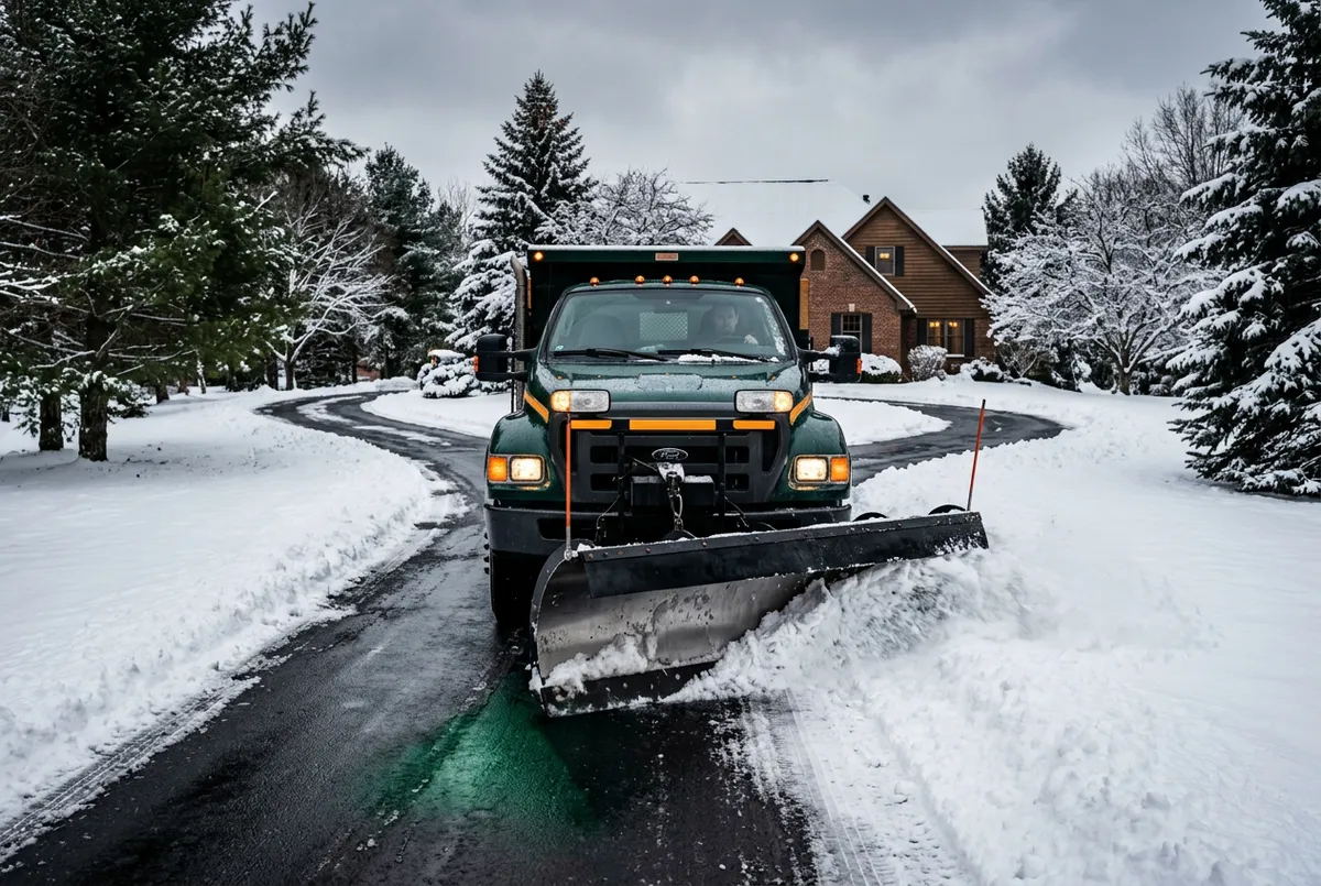 Heavy-duty truck plowing commercial access driveways and cleared parking areas