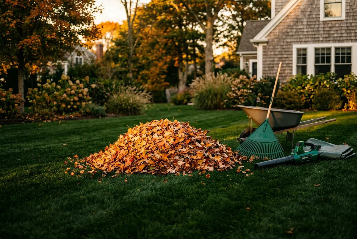 Yard crew performing leaf collection, deadwood pruning, and seasonal bed edging