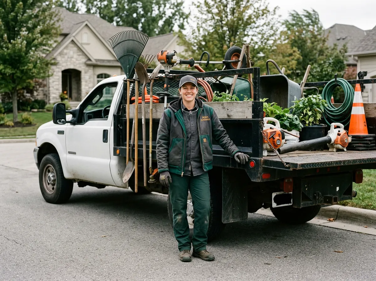Independent local outdoor maintenance professional with work truck and landscape equipment