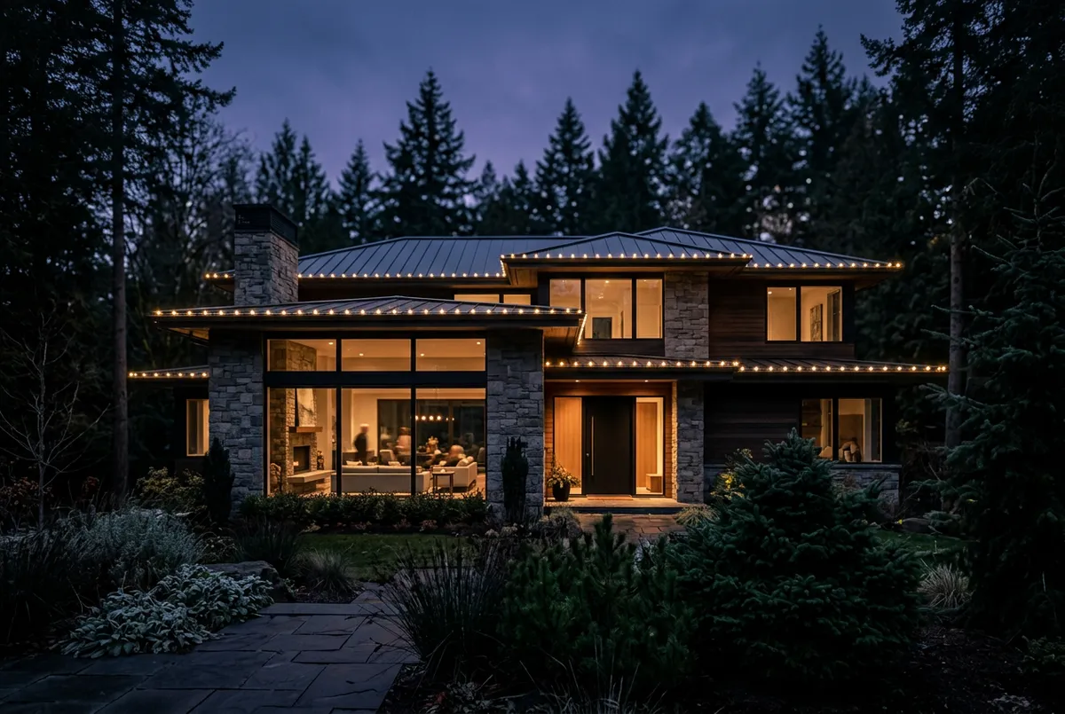 Professional custom holiday light installation along residential rooflines and eaves