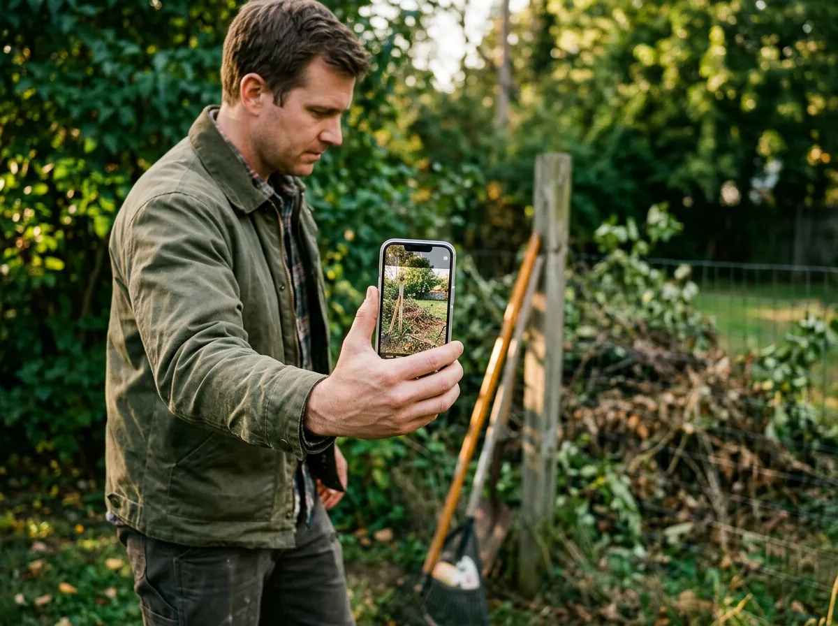 Homeowner taking clear mobile photos of backyard property lines and brush accumulation