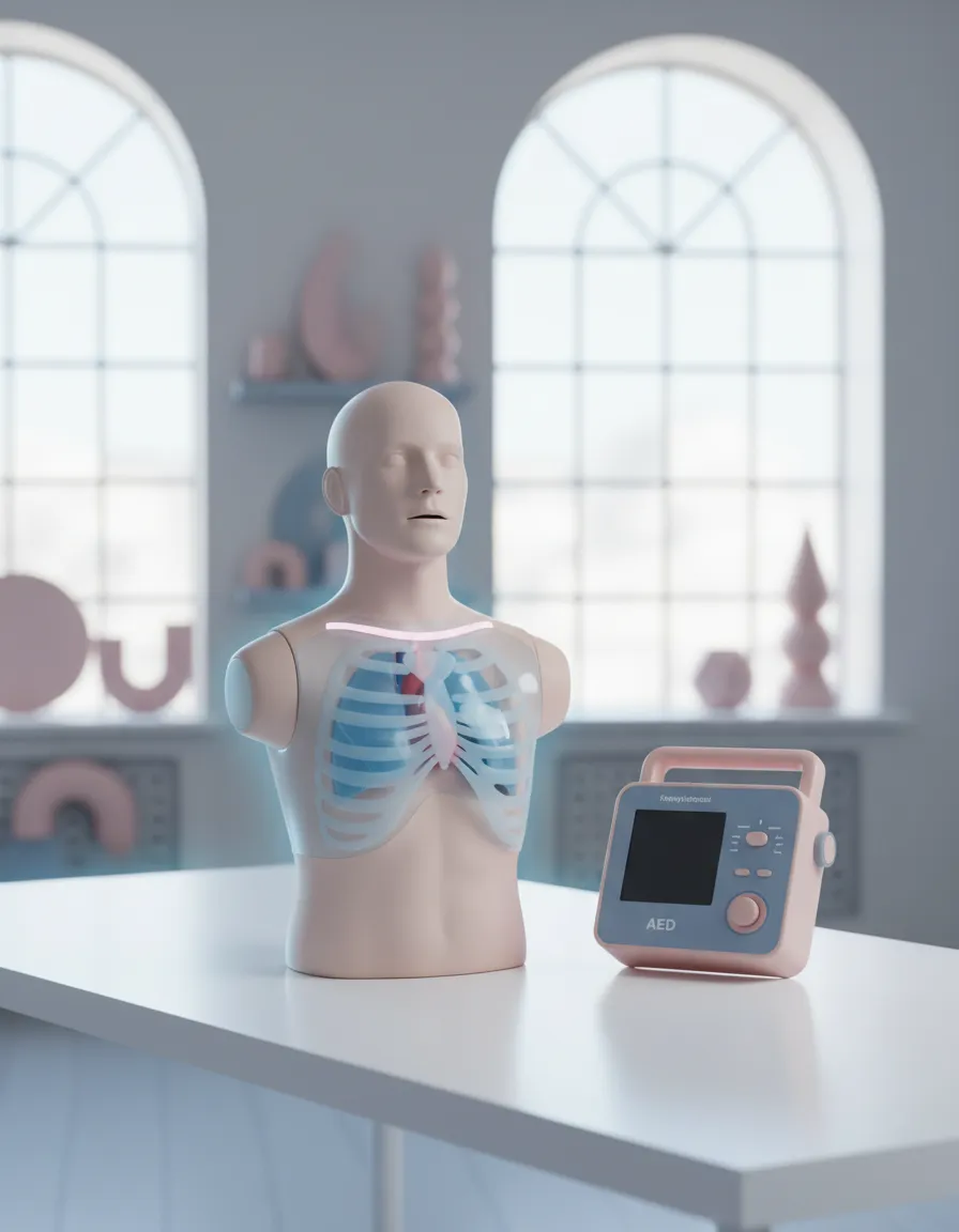 Medical training professional performing CPR on a dummy in a bright modern facility
