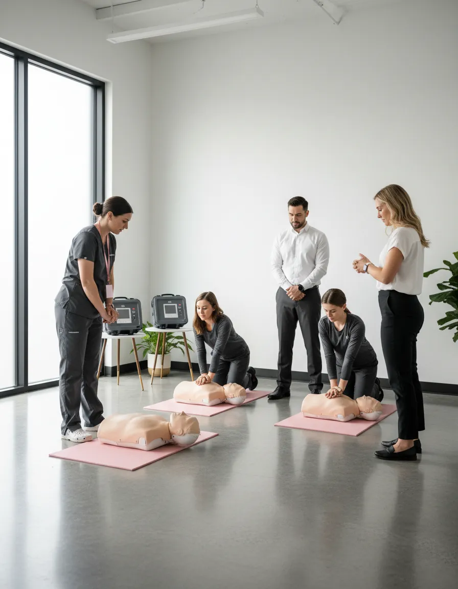 Instructor conducting mobile CPR group training for local business