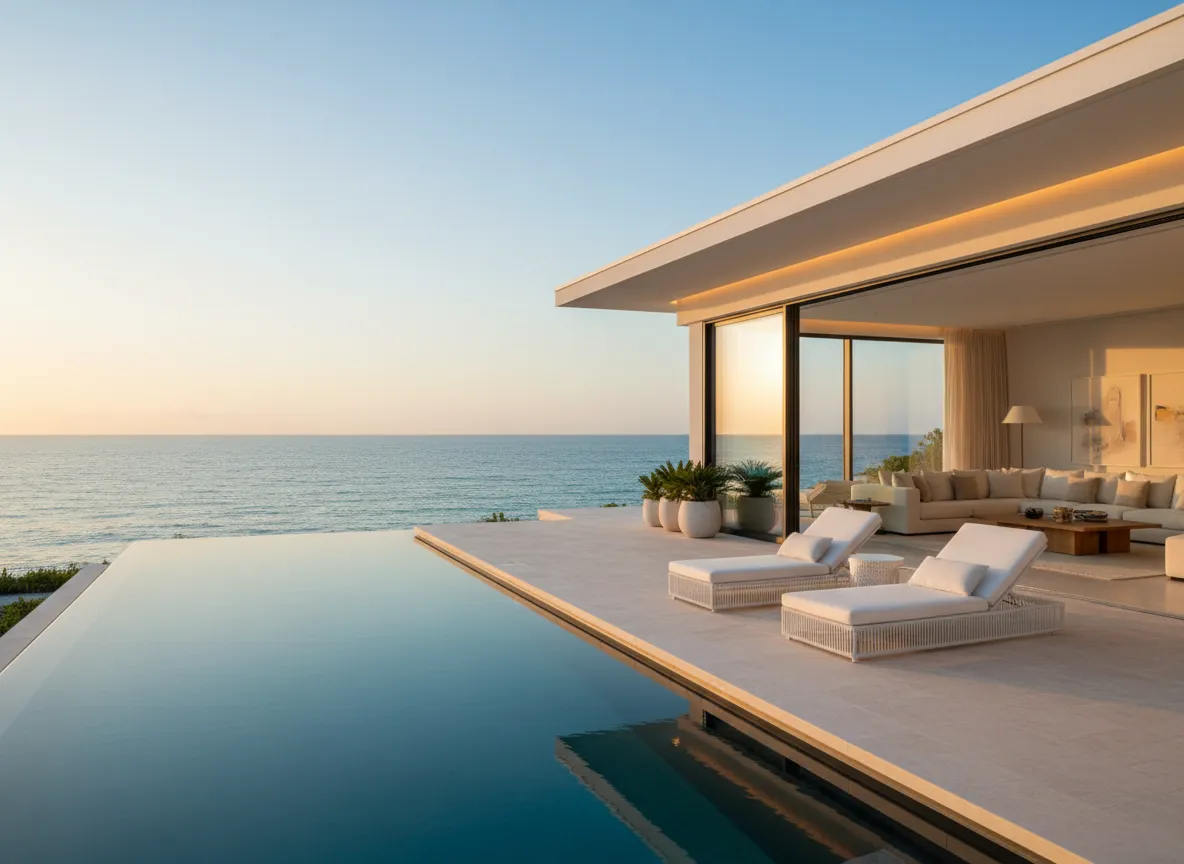 Beachfront villa with pool at sunset