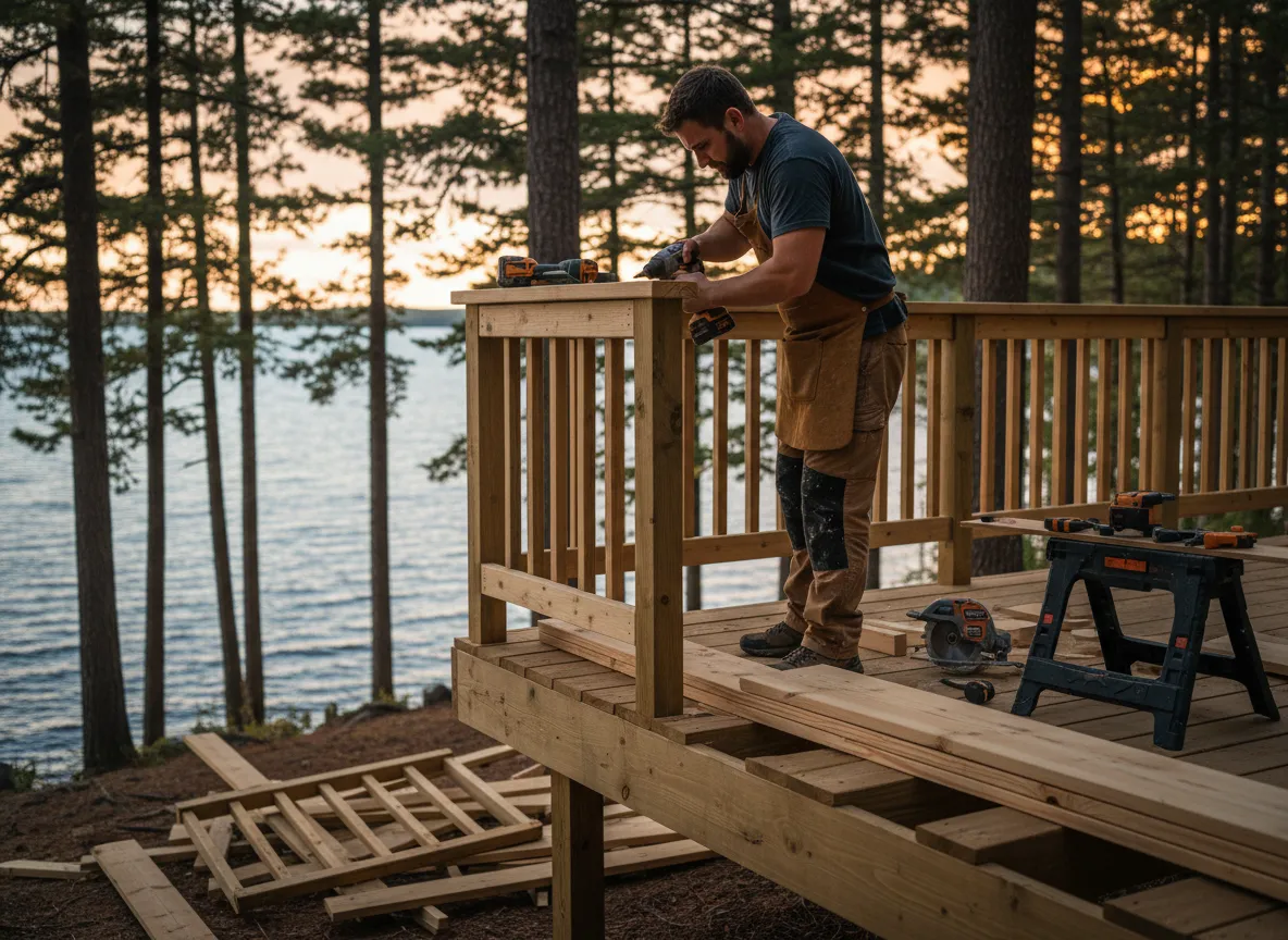 Handyman repairing an outdoor deck in Northern Wisconsin