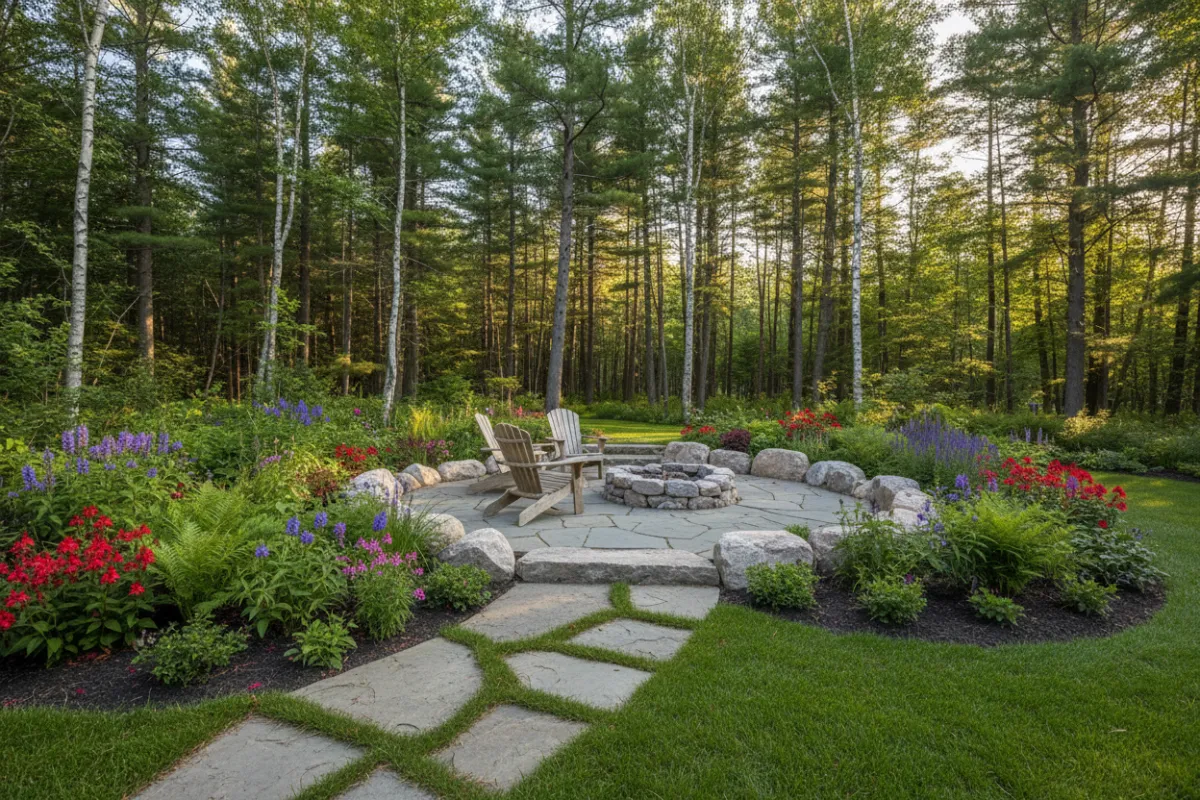 Northwoods landscaping: native plants, maintained lawn, and rustic stone walkway in summer, photo-realistic