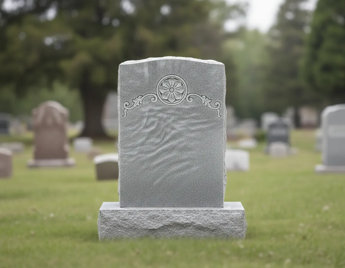 Upright granite headstone with soft landscape background