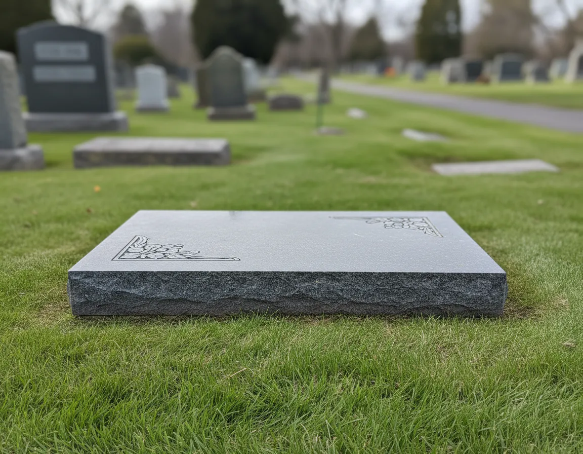 Flat marker flush with the ground in a green cemetery