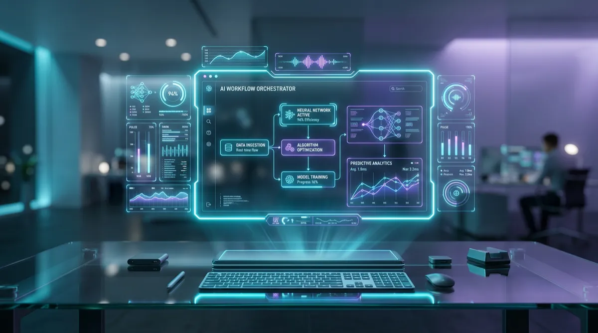 Futuristic AI workflow console displaying instant response metrics and live automated call scheduling