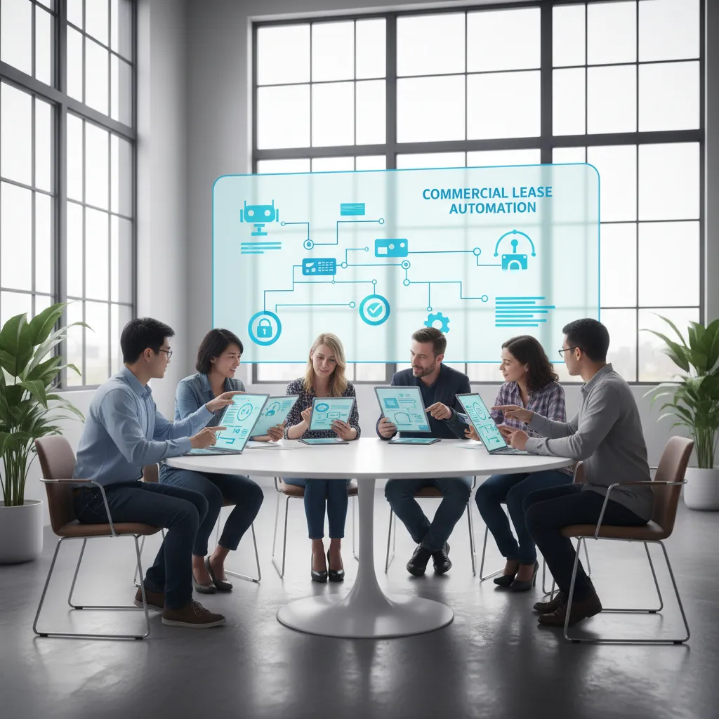 A diverse team of property managers collaborating over digital lease documents on tablets, with workflow diagrams and approval icons in a bright, modern office. The scene conveys automation and teamwork in commercial real estate.