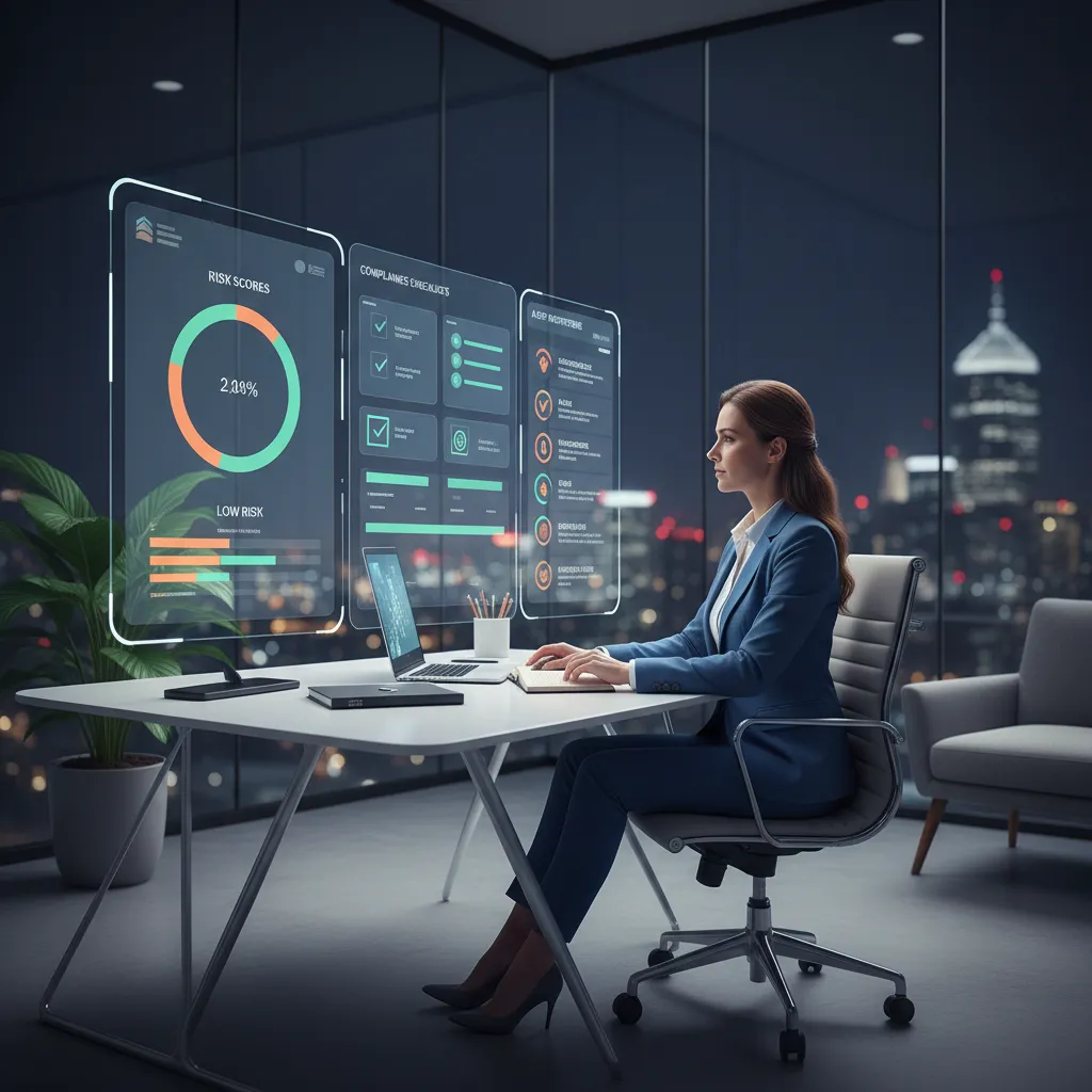A compliance officer reviewing a digital dashboard with risk scores, compliance checklists, and alert notifications, set in a secure, glass-walled office. The dashboard is clear and organized, emphasizing risk management.
