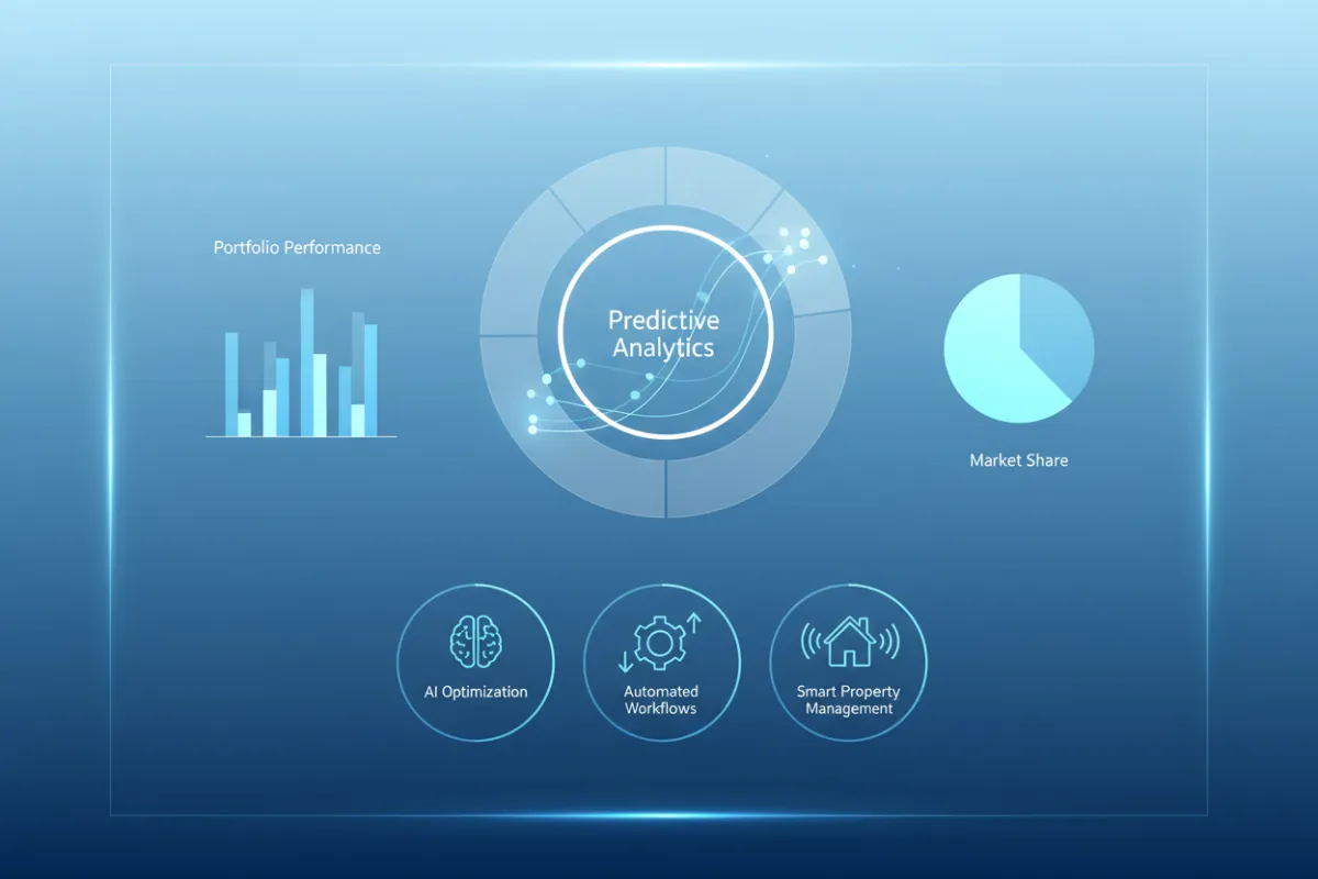 Modern AI-powered real estate dashboard interface with predictive analytics, charts, and automation icons, set against a sleek blue gradient background. The interface is clean, futuristic, and designed for enterprise property management.