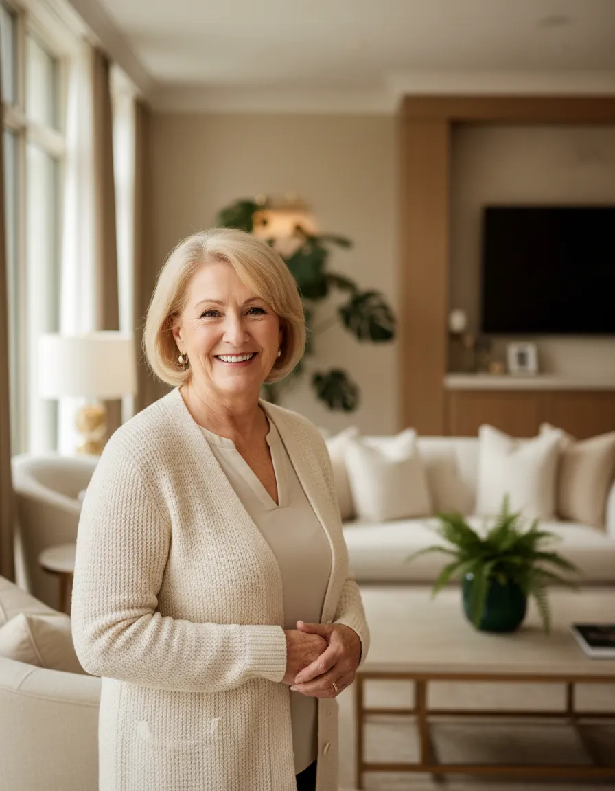 Experienced caregiver smiling in a high-end residential care home
