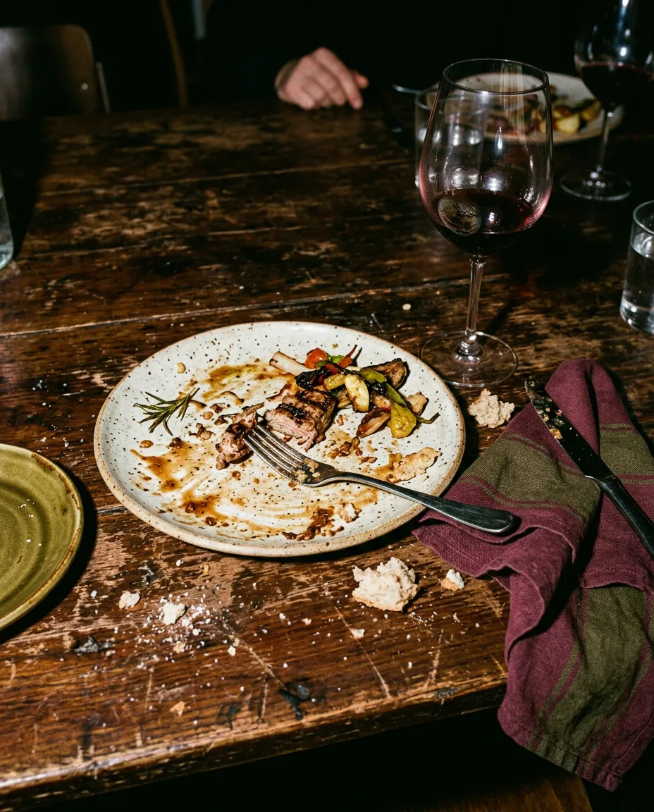 Messy half-eaten weeknight meal on a cluttered kitchen counter with direct flash photography