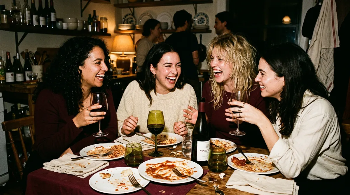 Women genuinely laughing and sharing a vibrant dinner party with natural direct-flash 35mm editorial photography style
