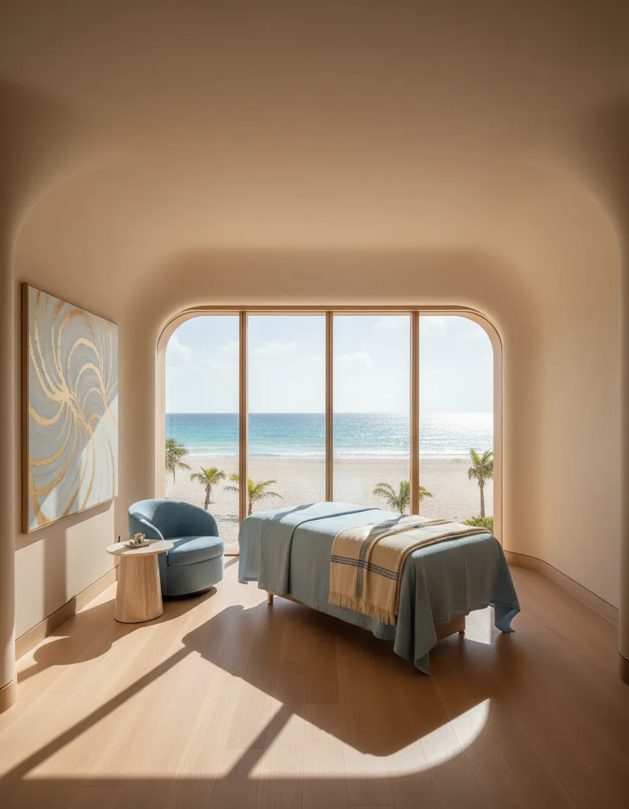 A luxurious and tranquil private recovery suite at La Clinic Du Corps in Saint Lucia.