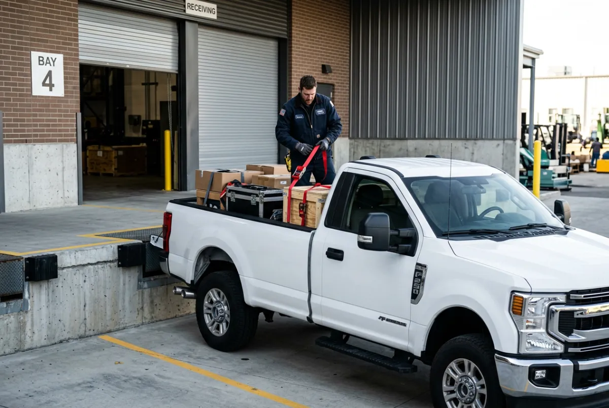 Commercial pickup truck secured with construction supplies and gear