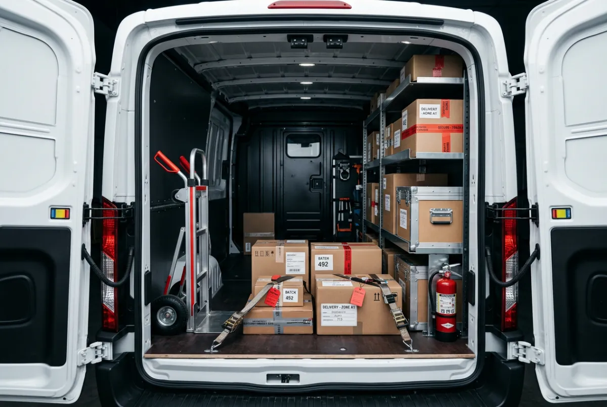Professional courier standing beside modern cargo van loading equipment