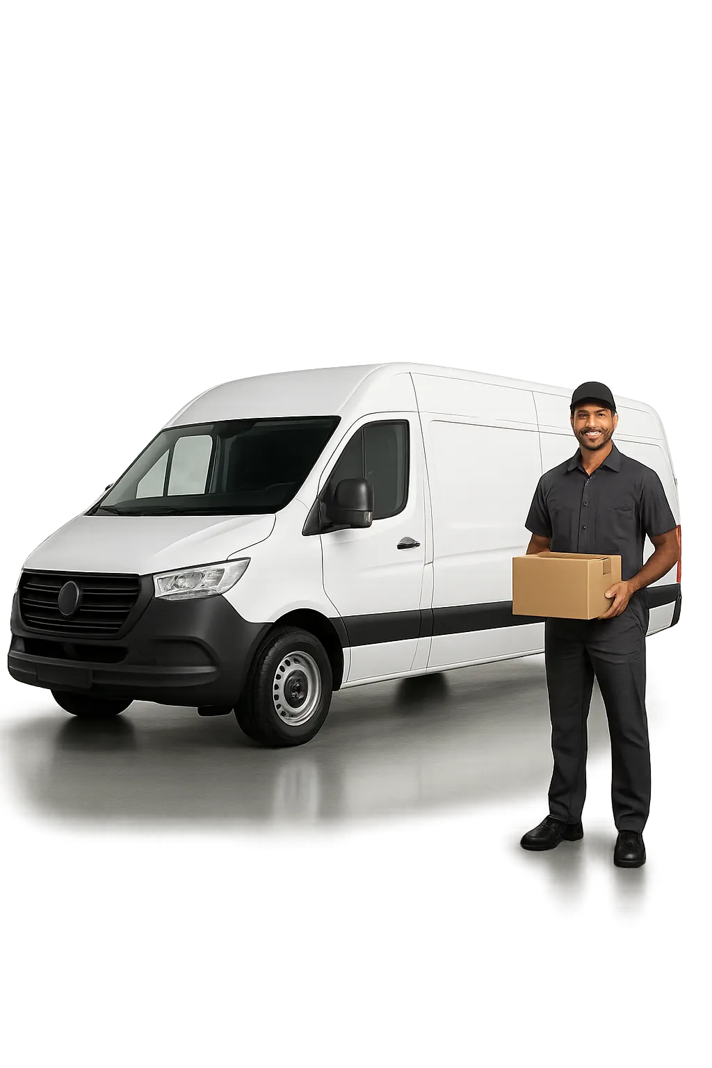 Professional courier standing proudly beside modern logistics cargo van in Houston
