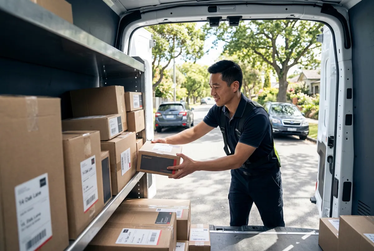 Courier completing final-mile delivery at commercial doorway