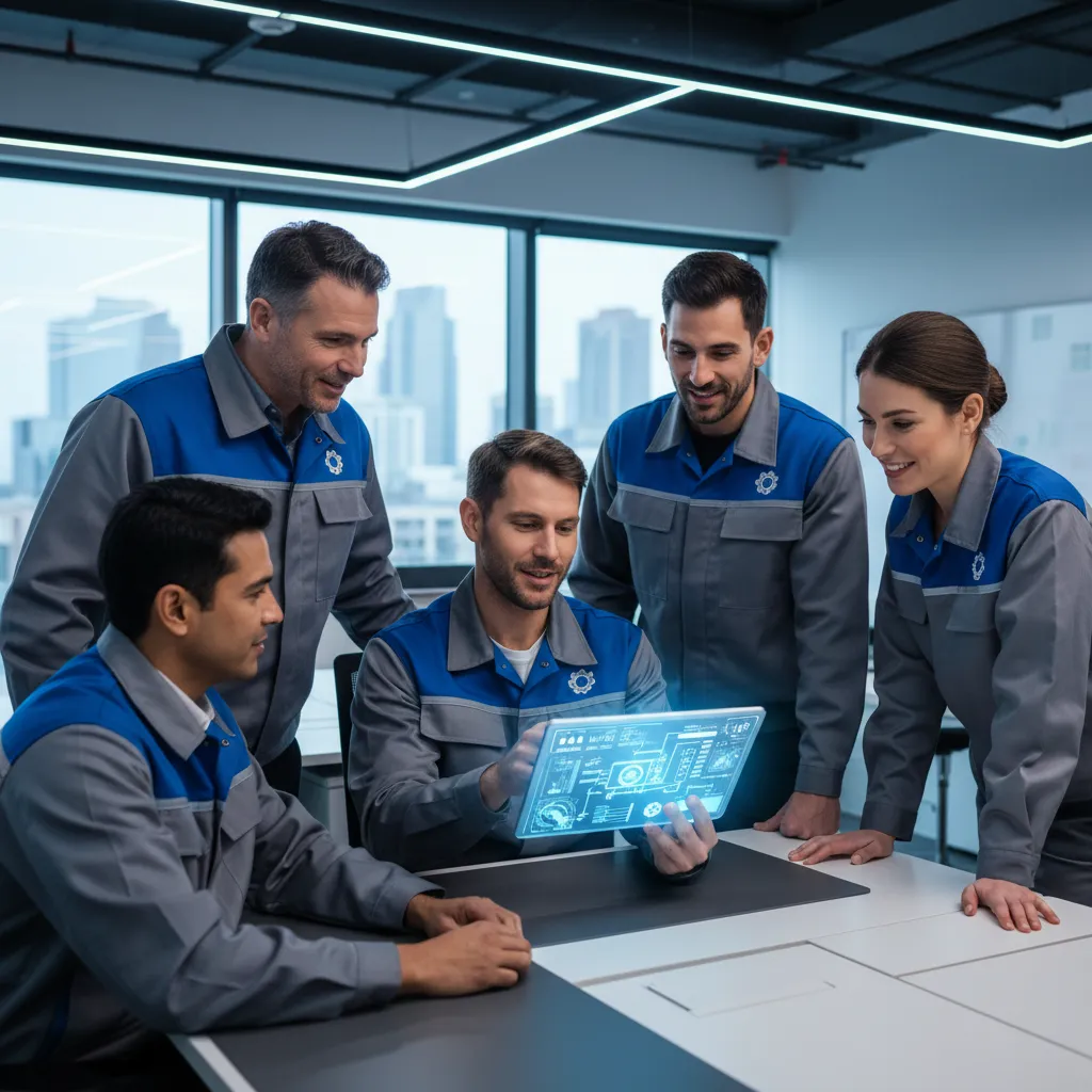 Diverse HVAC business team in branded uniforms, gathered around a digital tablet displaying an AI dashboard, in a modern office with blue accents. The group appears engaged and optimistic, representing tech-forward service and efficiency.