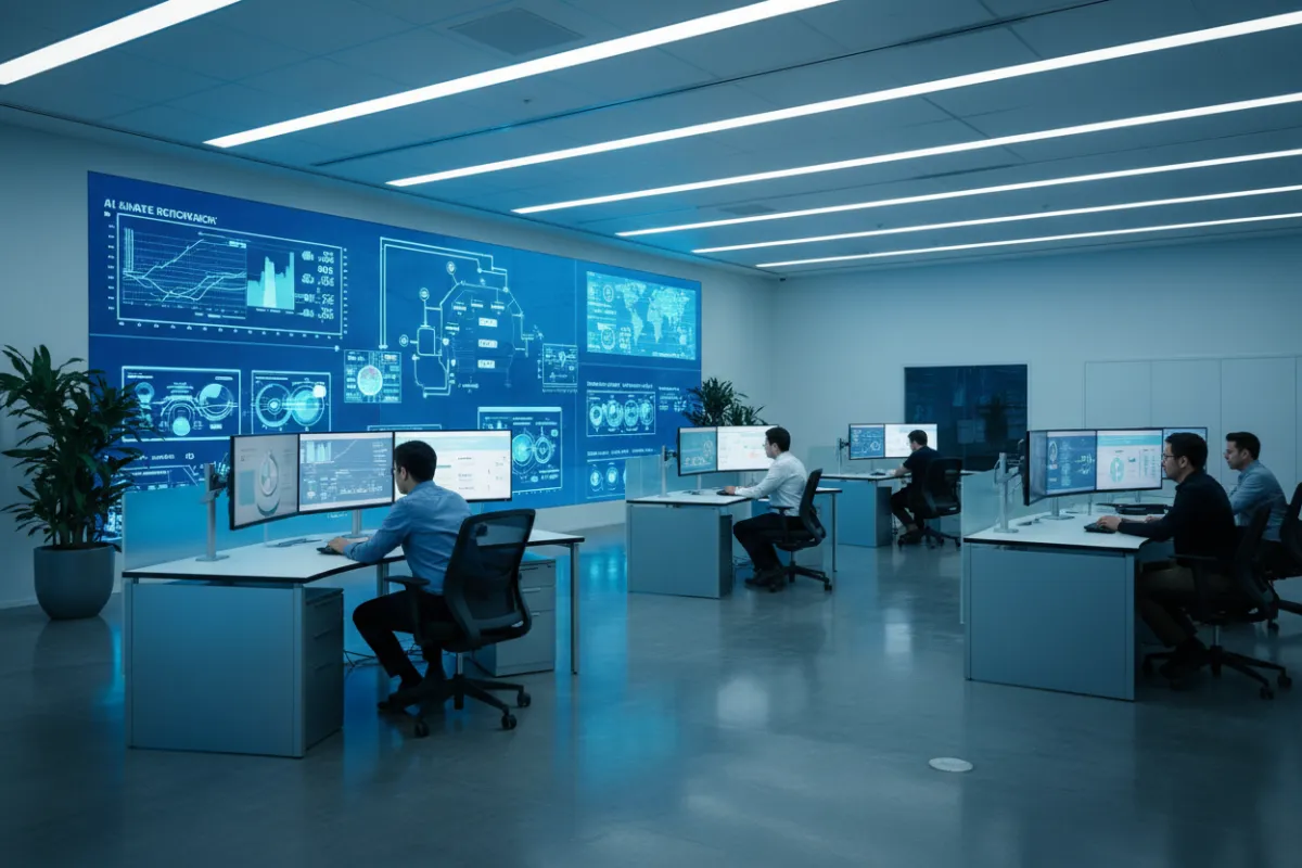 Modern AI technology lab with engineers collaborating at computer workstations, large digital screens displaying HVAC analytics, and blue ambient lighting. The environment is sleek, innovative, and focused on developing advanced automation solutions.
